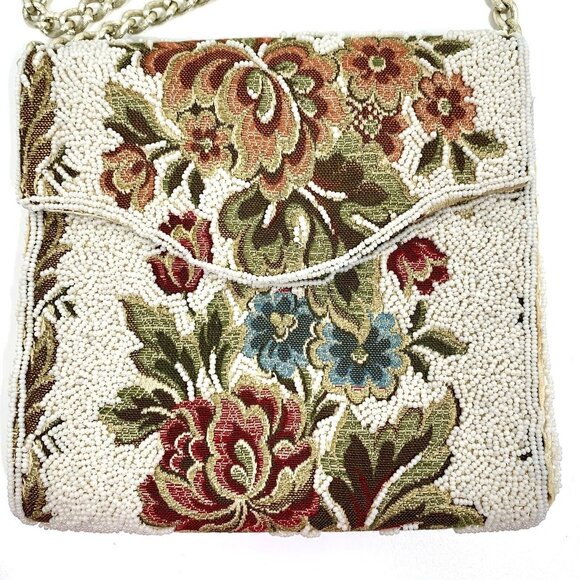 Stunning Embellished White Seed Beaded Tapestry Shoulder Handbag Chain Strap VTG - Picture 2 of 14